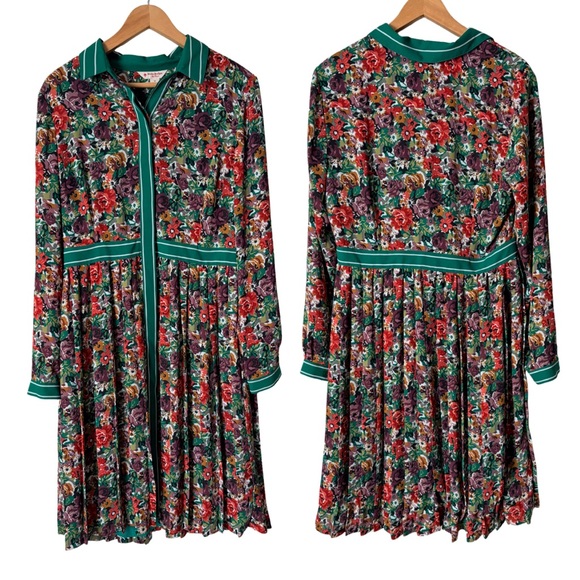 Brooks Brothers Red & Green Floral Print Pleated Long Sleeve Shirt Dress, 12 - Picture 2 of 13
